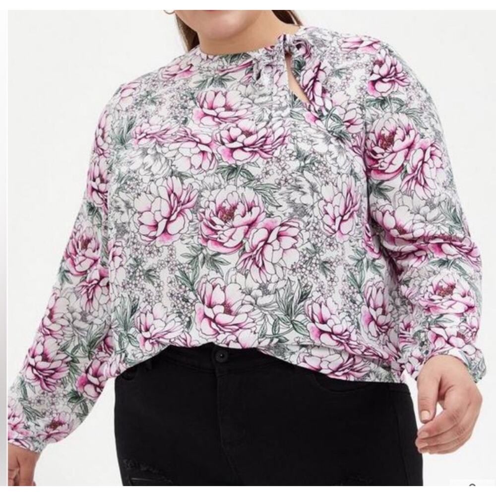 Torrid Floral Print Bow Tie Shirt Blouse Sz 0 Large Multocolor Cottagecore Bloom